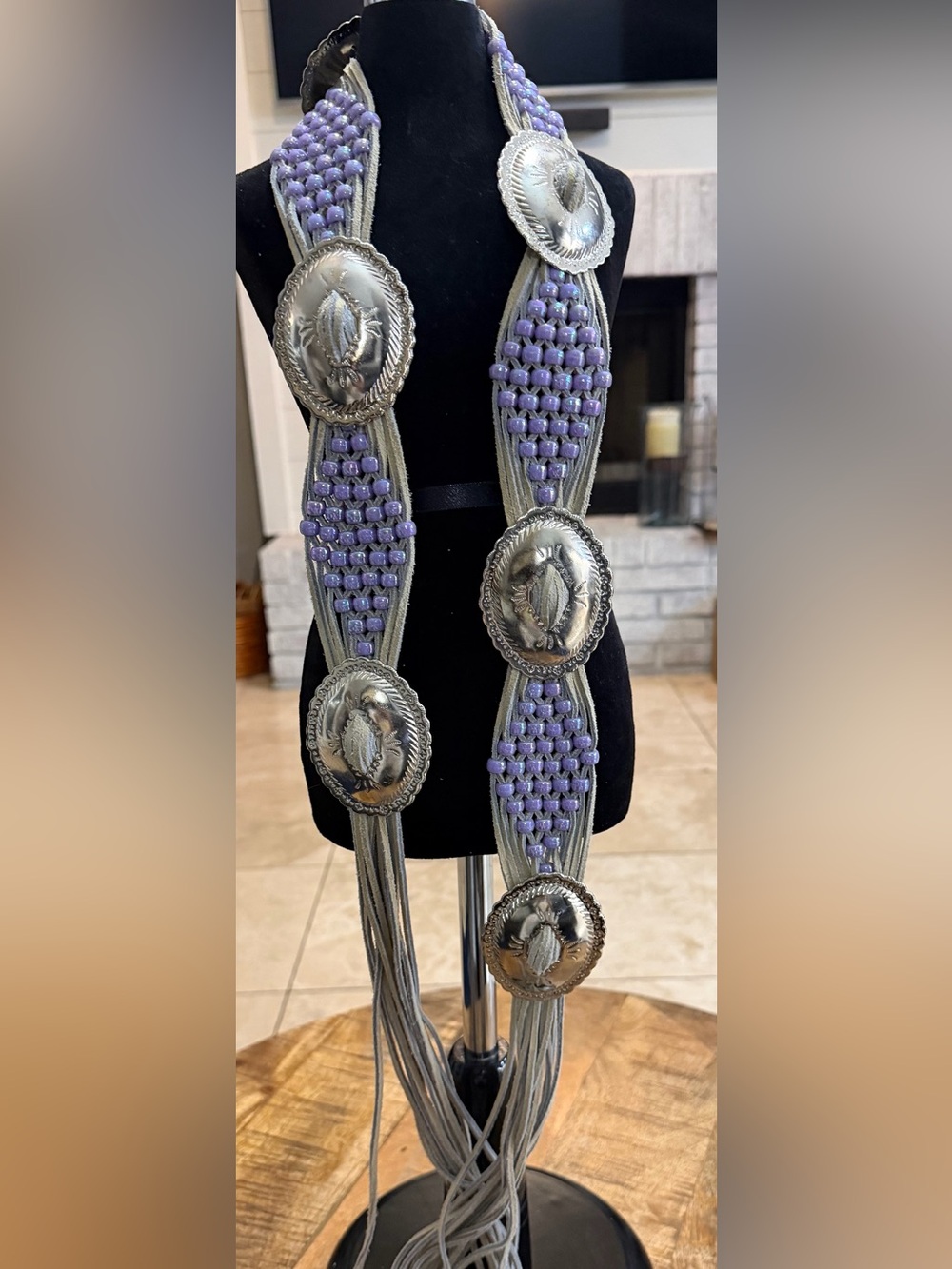 Western Concho Fringe Belt Lavender Beaded Gray Suede Boho Cowgirl Sash Belt